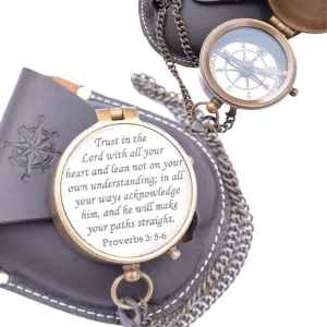 Engraved Brass Compass, Antique Nautical Vintage Directional Magnetic Compass, with Famous Scripture Quote, Baptism Gifts with Leather Case