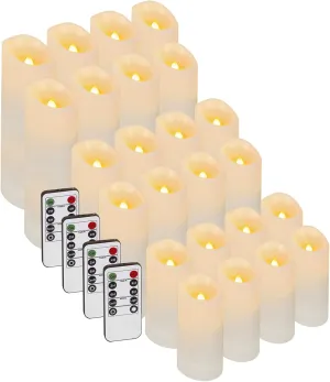 Enido 24 Pc Flameless LED Candles with Remote & Timer, Outdoor Waterproof, Flickering Electric Warm Lights for Cozy Home & Holiday Romantic Decor, Battery Operated (D 2.2” x H 4”/5”/6”