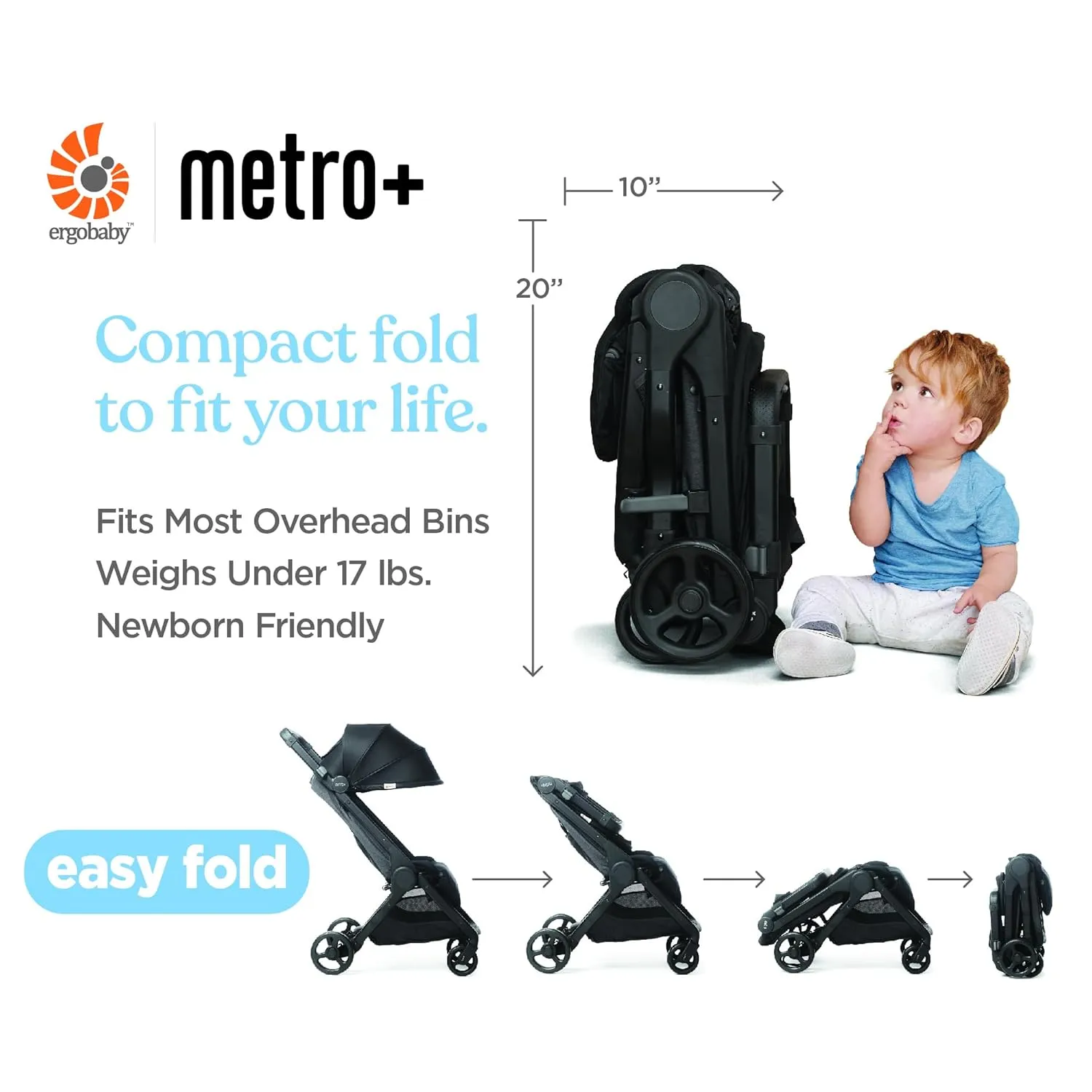 Ergobaby Metro  Compact Baby Stroller, Lightweight Umbrella Stroller Folds Down for Overhead Airplane Storage (Carries up to 50 lbs), Car Seat Compatible, Slate Grey