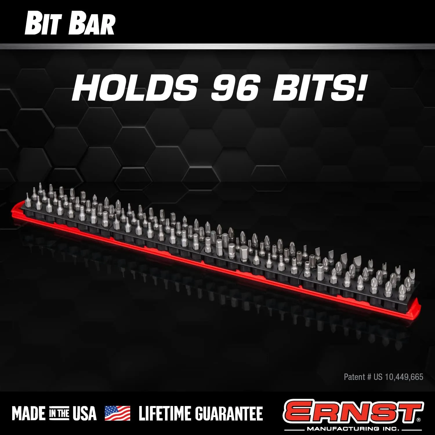 Ernst Manufacturing 96 Tool Magnetic Bit Bar, 1/4" Hex Screwdriver Bit Storage Tool Organizer - Black/Hi-Viz
