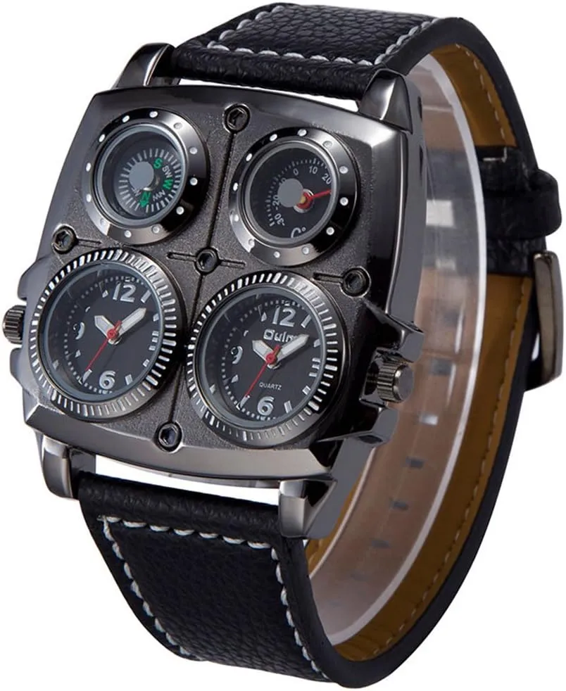 FANMIS Men's Dual Time Zones Large Black Watch W/Compass Thermometer Big 5cm Multi-Function Dial