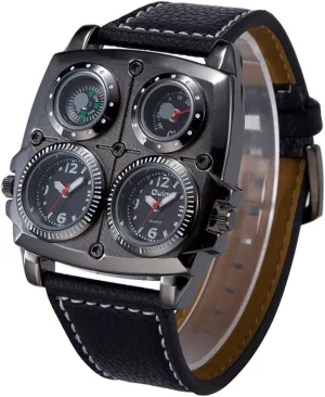 FANMIS Men's Dual Time Zones Large Black Watch W/Compass Thermometer Big 5cm Multi-Function Dial