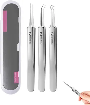 Fecong Precision Tweezers, Fecong Stainless Steel Blackhead Removal Kit 3 Tweezers, Long Handle Steel Straight and Curved Tweezers Nippers, for Forehead, Facial and Nose