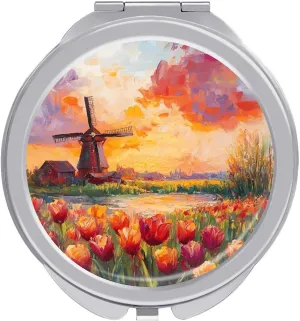 Field of Tulips and Windmill Travel Makeup Mirror 2-Sided 1x 2X Magnification Portable Mini Mirror for Handbag Purse Pocket