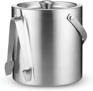 FineDine Double-Wall Stainless Steel Insulated Ice Bucket With Lid & Ice Tong [3 Liter] Included Strainer Keeps Ice Cold & Dry, Carry leather Handle, Home Bar, Chilling Beer, Champagne, Wine Bottle