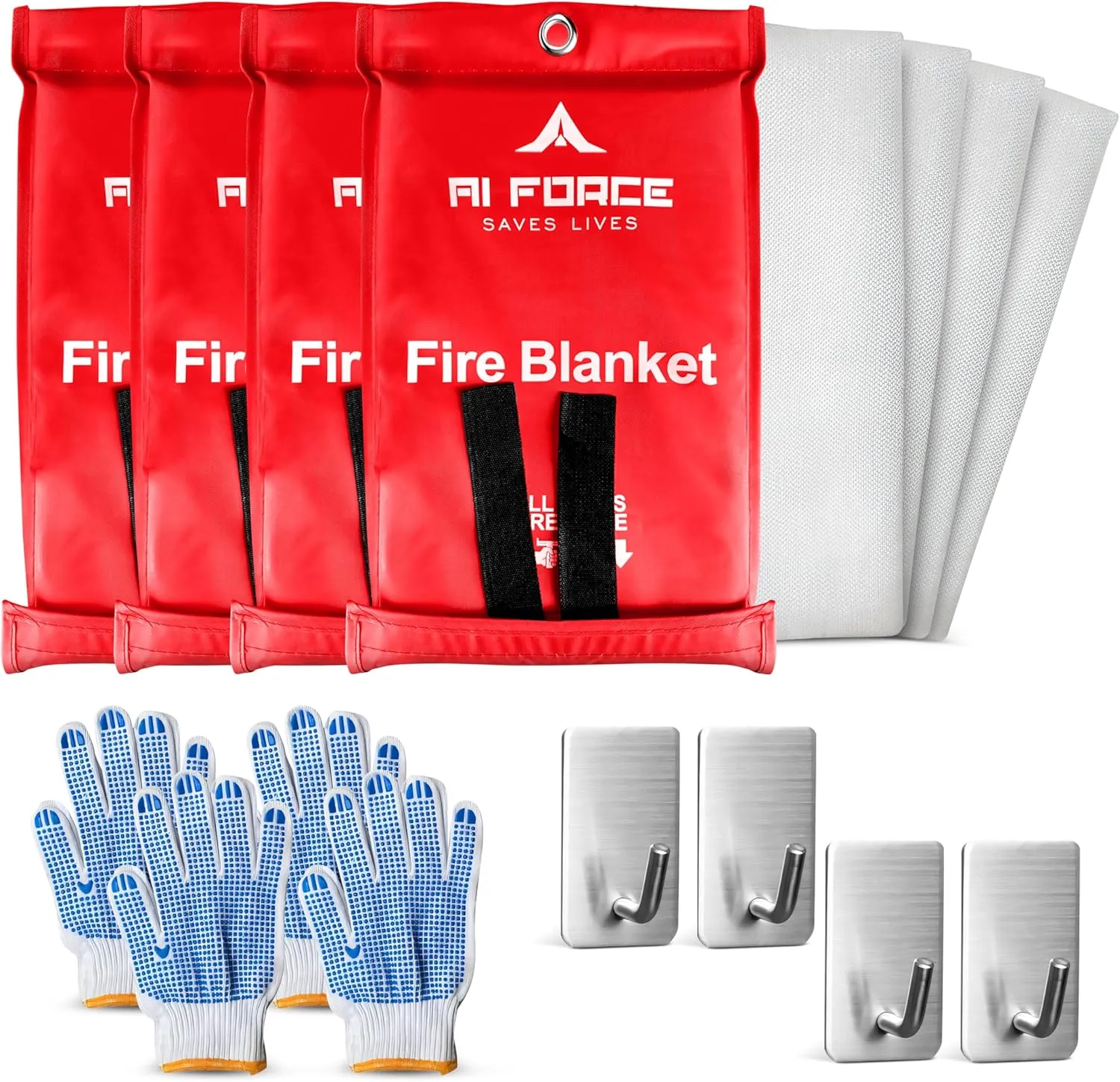 Fire Blanket with Gloves & Hooks (4-Pack, Fiberglass, Red) – Fireproof Emergency Safety Blanket for Home, Kitchen, Fireplace, Camping, BBQ, Grease & Outdoor Fires – Survival Gear