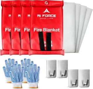 Fire Blanket with Gloves & Hooks (4-Pack, Fiberglass, Red) – Fireproof Emergency Safety Blanket for Home, Kitchen, Fireplace, Camping, BBQ, Grease & Outdoor Fires – Survival Gear