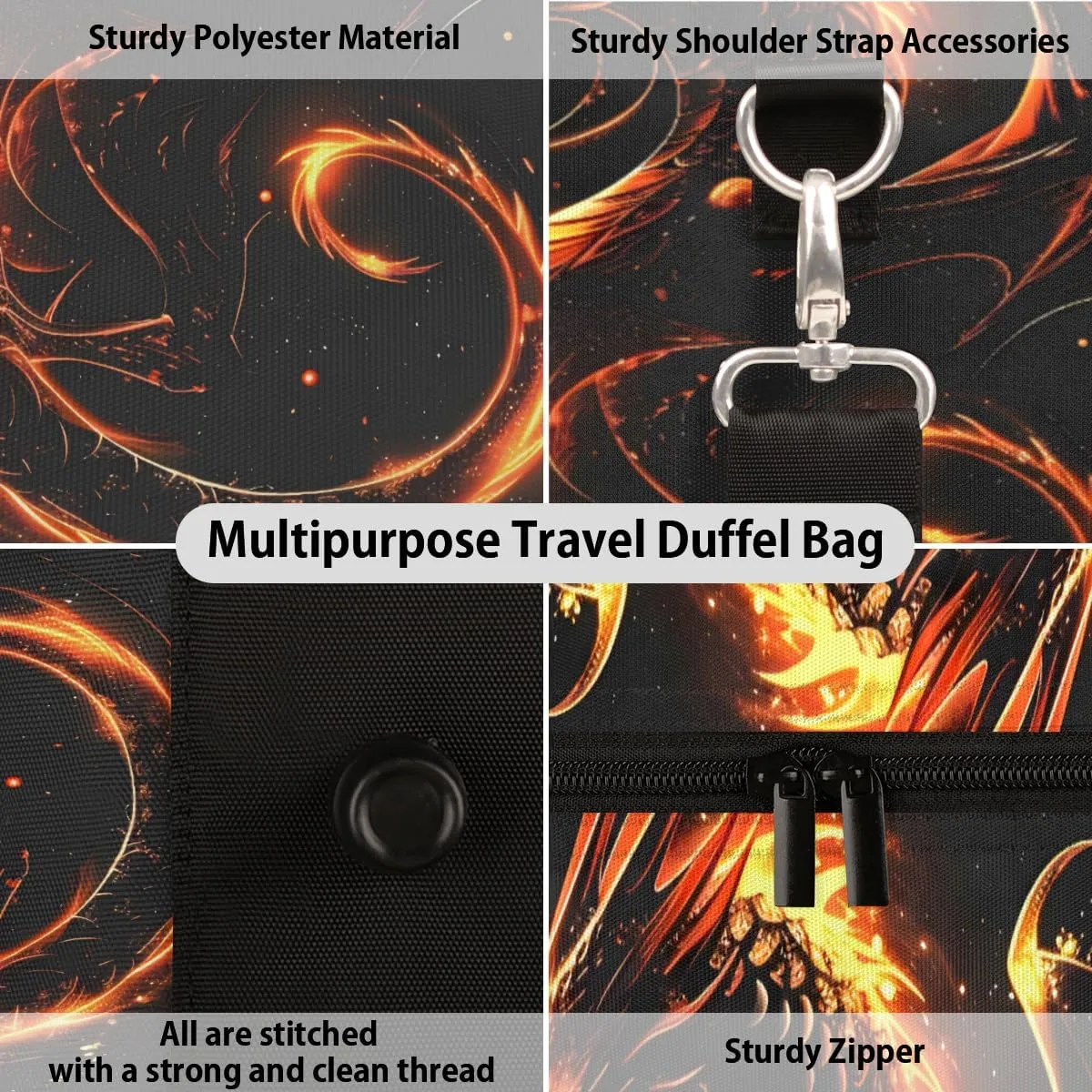 Fire Dragon Travel Duffle Bag for Women Men Gym Duffel Foldable Bag Waterproof Weekender Fantasy Animal Duffle Tote