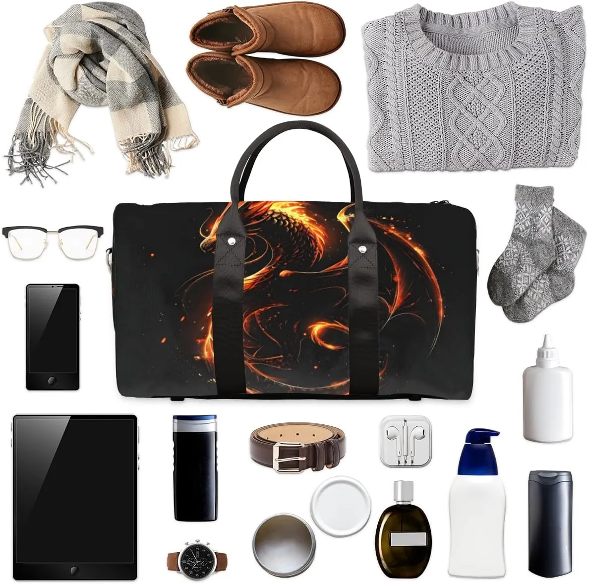 Fire Dragon Travel Duffle Bag for Women Men Gym Duffel Foldable Bag Waterproof Weekender Fantasy Animal Duffle Tote