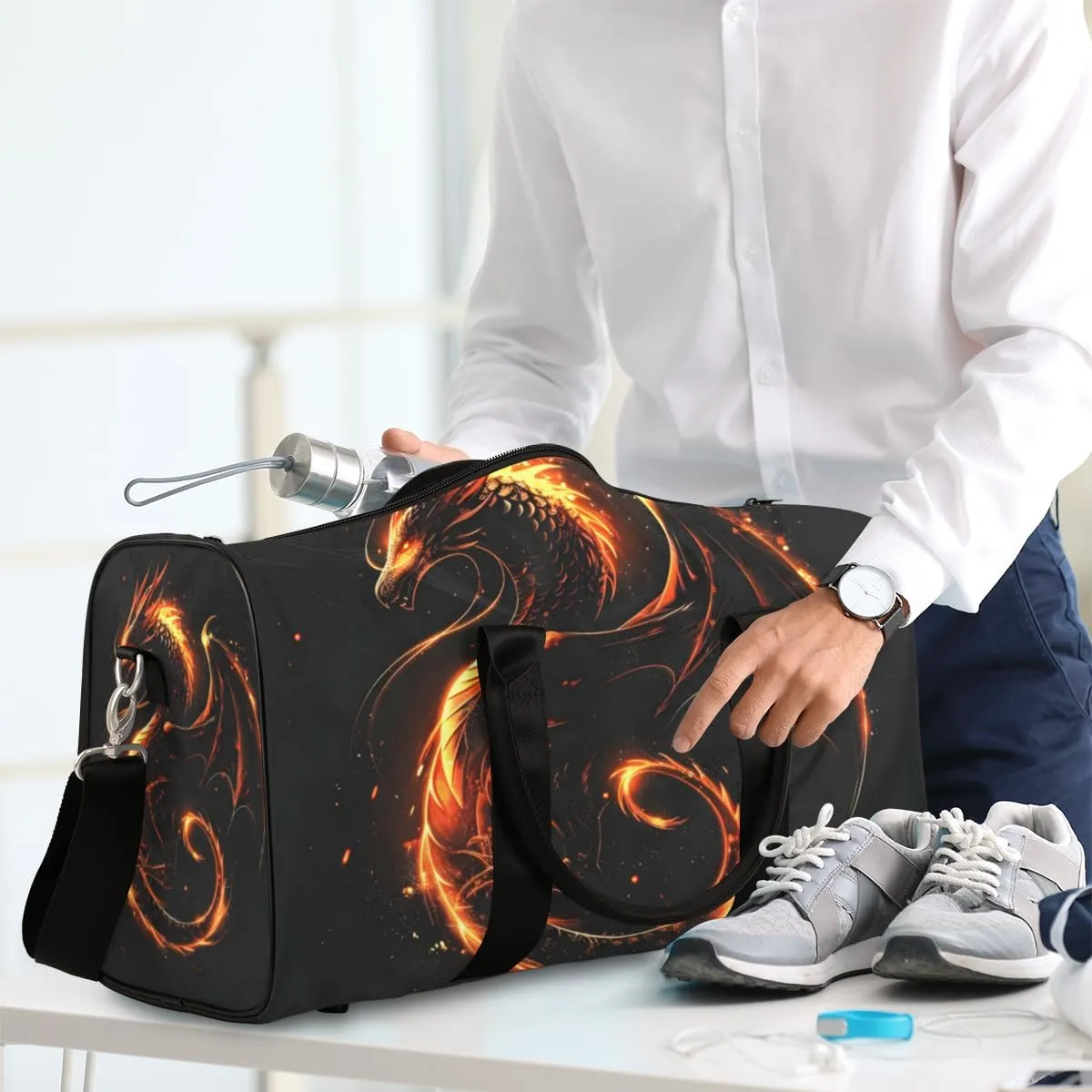 Fire Dragon Travel Duffle Bag for Women Men Gym Duffel Foldable Bag Waterproof Weekender Fantasy Animal Duffle Tote