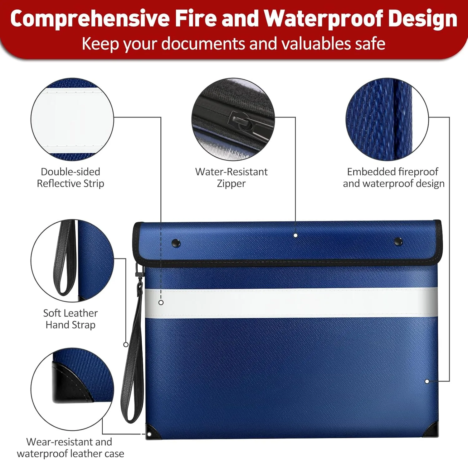 Fire Proof Bag with Water Resistant Zipper（13.9"x10.6"）,5200°F Heat Insulated Fireproof Money Pouch with Hand Strap,Fireproof Water Proof Envelopes for Crucial Documents，Contracts (Blue)