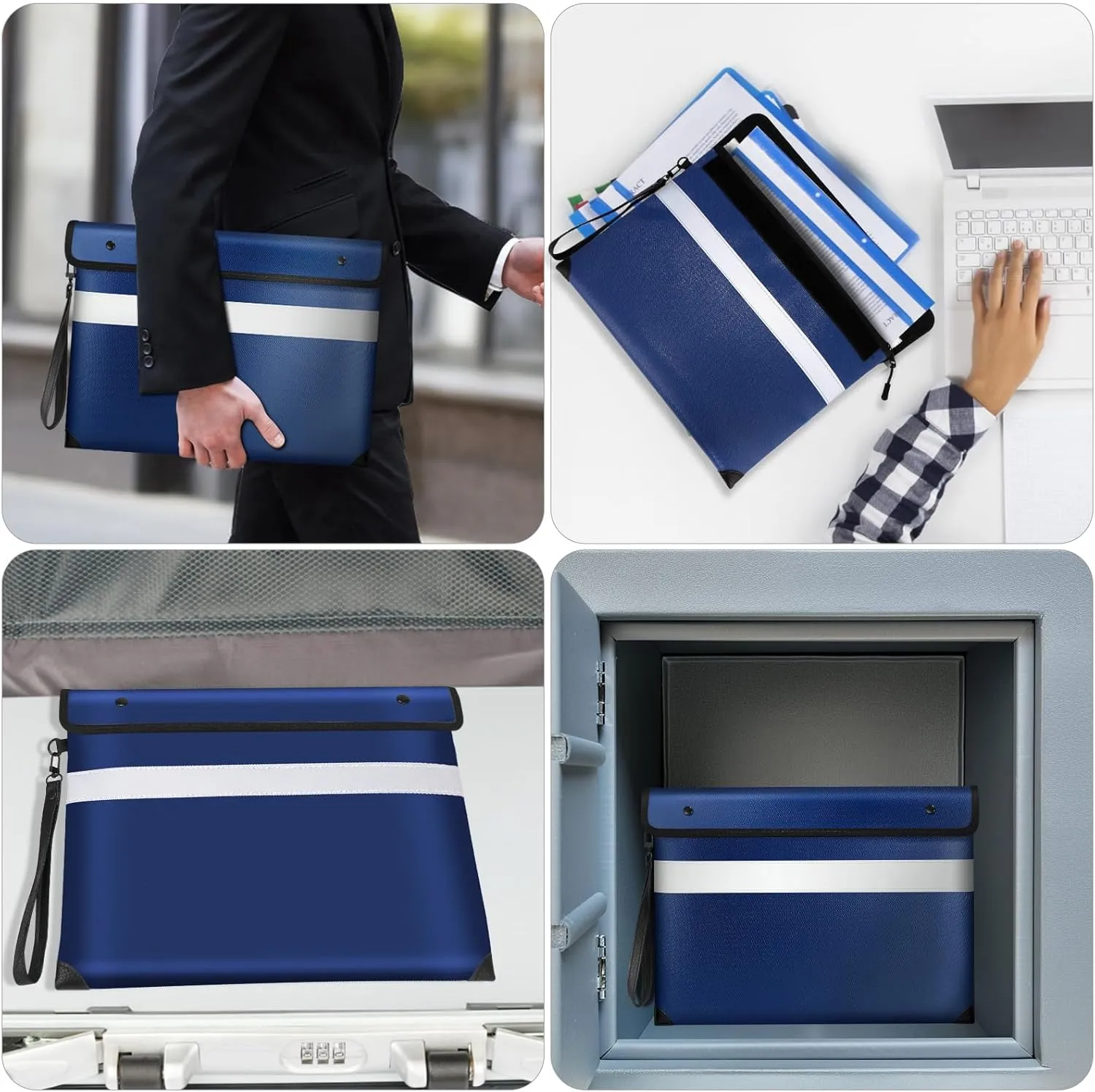 Fire Proof Bag with Water Resistant Zipper（13.9"x10.6"）,5200°F Heat Insulated Fireproof Money Pouch with Hand Strap,Fireproof Water Proof Envelopes for Crucial Documents，Contracts (Blue)