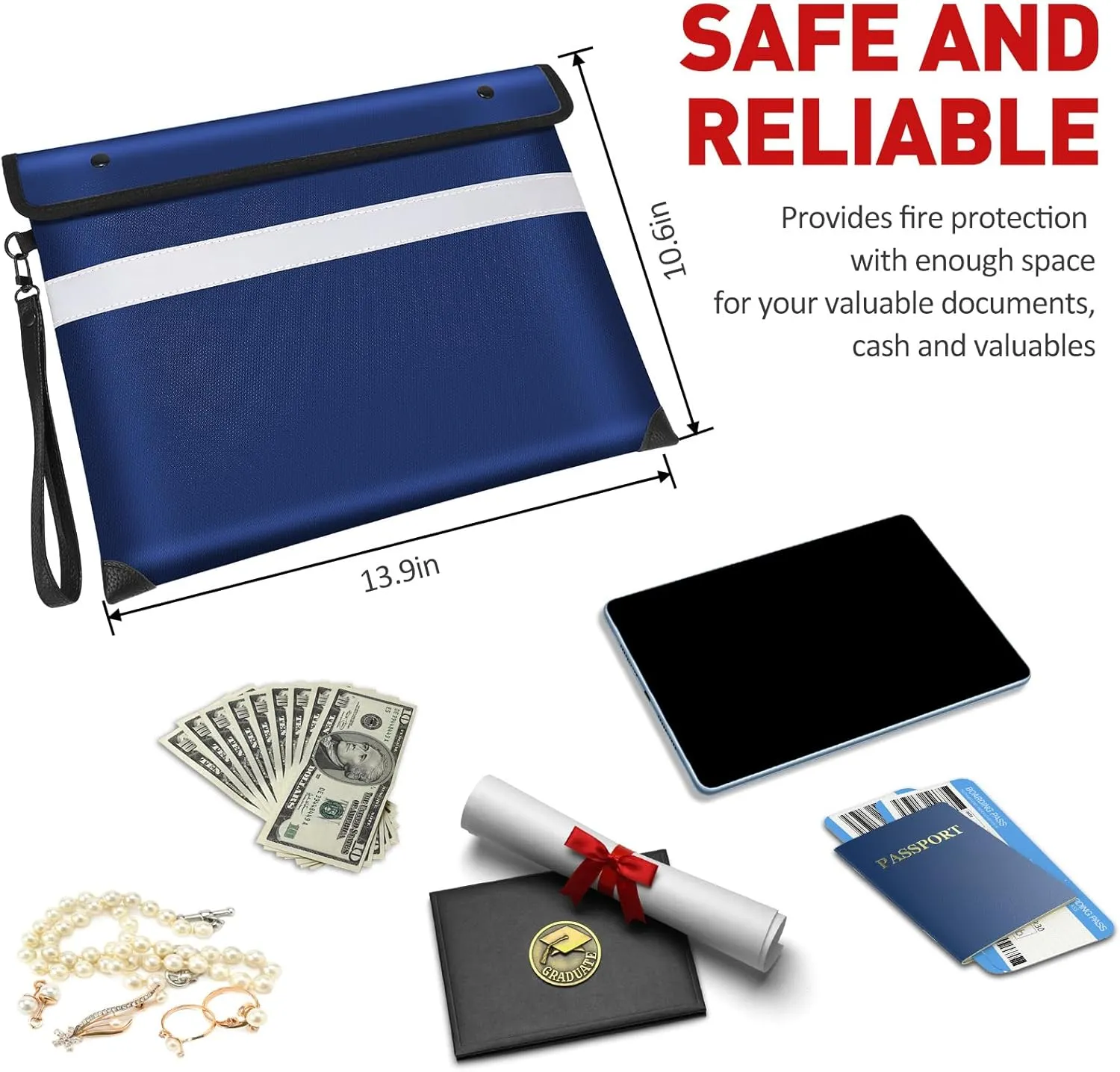 Fire Proof Bag with Water Resistant Zipper（13.9"x10.6"）,5200°F Heat Insulated Fireproof Money Pouch with Hand Strap,Fireproof Water Proof Envelopes for Crucial Documents，Contracts (Blue)