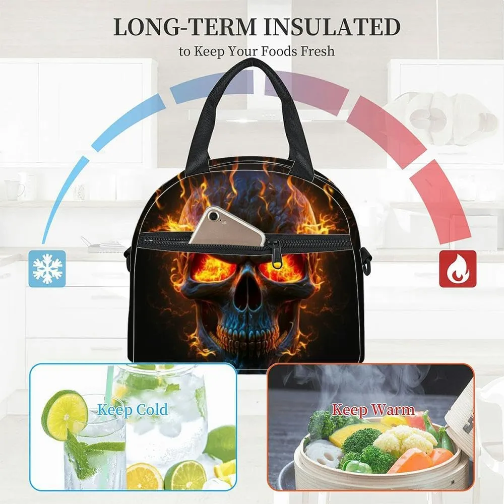 Fire skull the black Insulated Adult Lunch Bag with Shoulder Strap for Women Lightweight Reusable Portable Freezable Lunch Tote Bag for Work Picnic