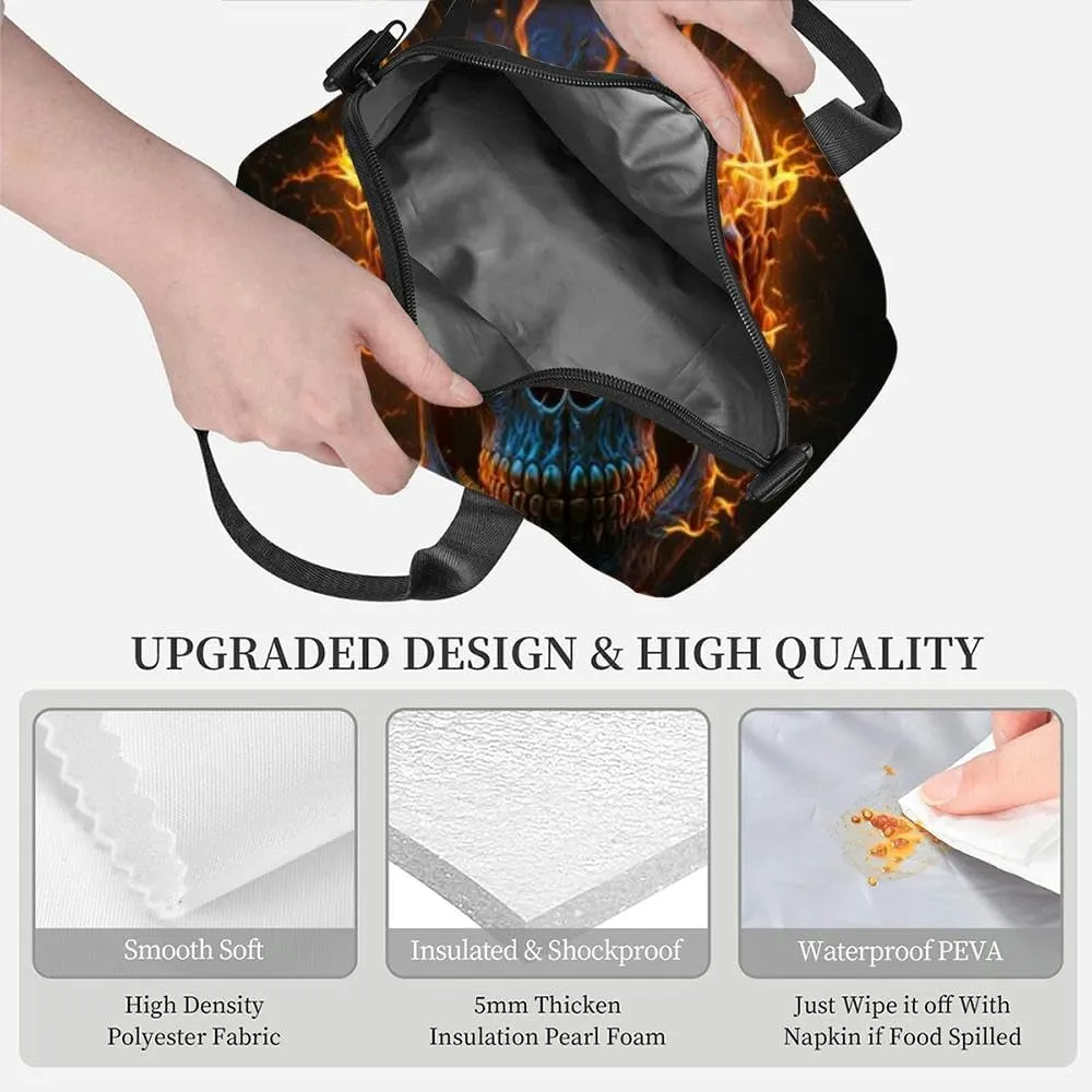 Fire skull the black Insulated Adult Lunch Bag with Shoulder Strap for Women Lightweight Reusable Portable Freezable Lunch Tote Bag for Work Picnic