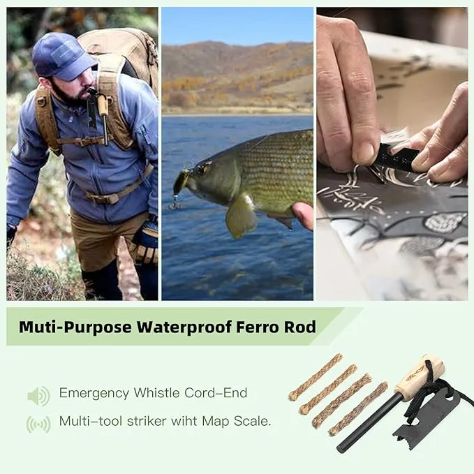 Fire Starter Survival Tool, Ferro Rod Fire Starter Kit & Backpacking Multitool, Fire Steel, Fire Rod