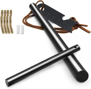 Fire Starter Survival Tool, Ferro Rod Kit with Leather Neck Lanyard and Multi-Tool Striker, Flint and Steel Survival Igniter with Tinder Rope and Tab for Camping, Hiking and Emergency