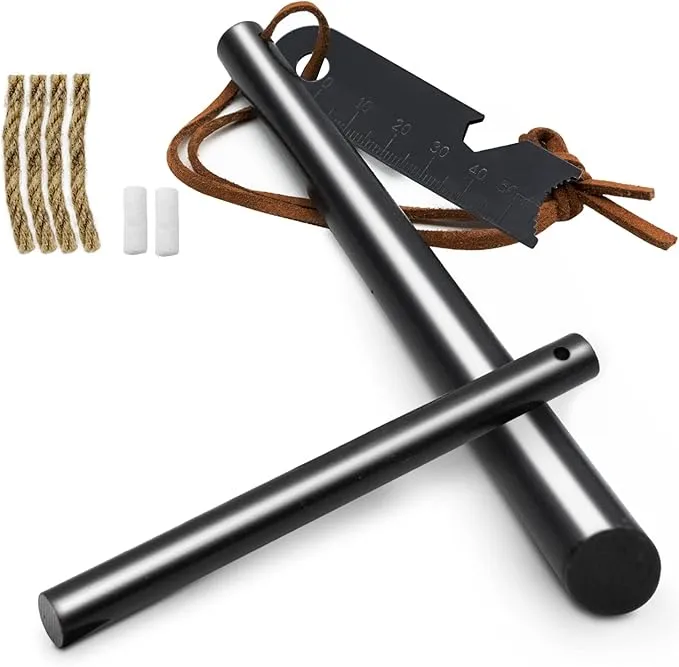 Fire Starter Survival Tool, Ferro Rod Kit with Leather Neck Lanyard and Multi-Tool Striker, Flint and Steel Survival Igniter with Tinder Rope and Tab for Camping, Hiking and Emergency