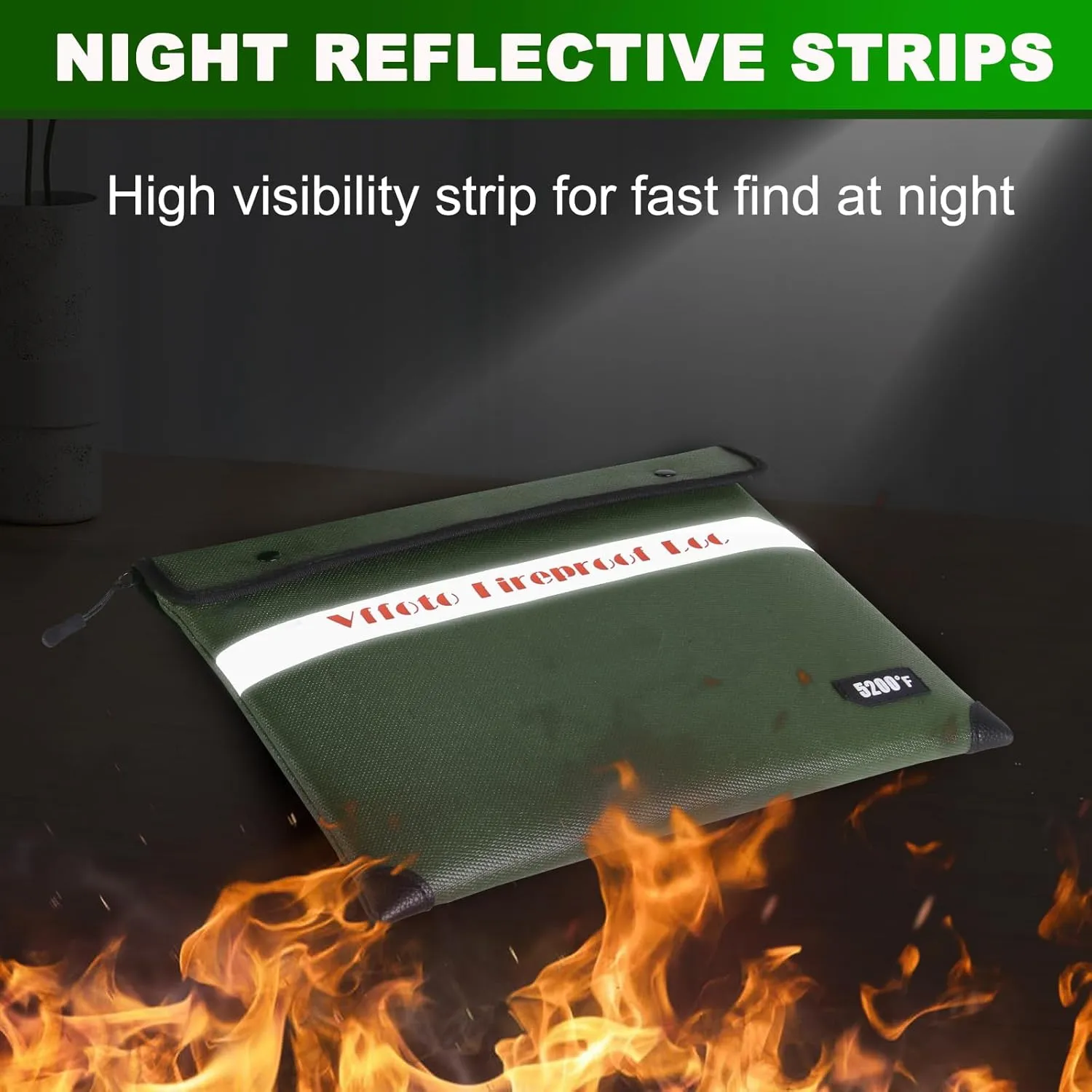 Fireproof Document Bag w/ 5200°F Heat Insulated, Waterproof Bag with Zipper, 8 Layers of Functional Materials, Fireproof Money Envelopes for Cash/Documents/Valuables 14.2x11 INCH (Green)