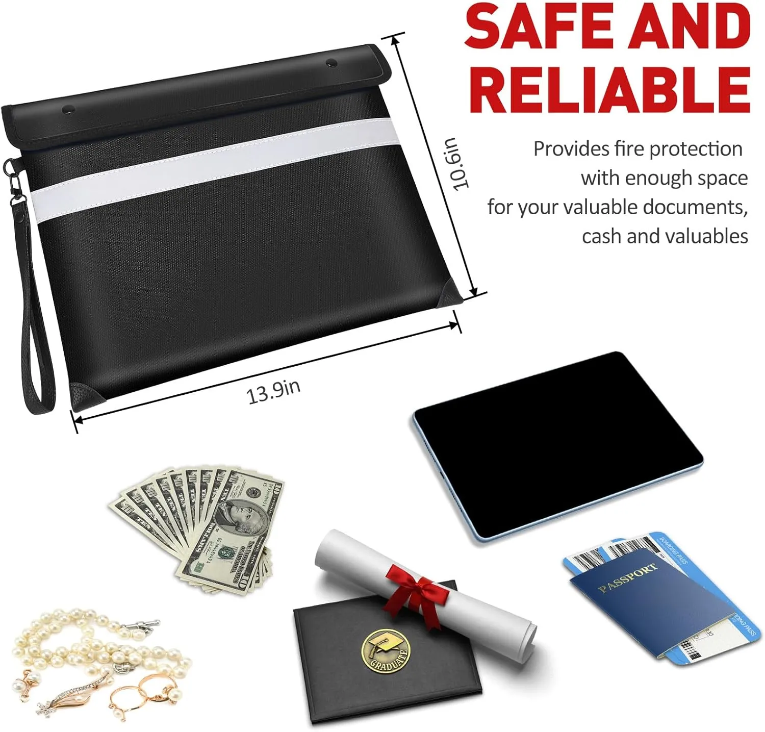 Fireproof Document Bag with Waterproof Zipper,5200°F Insulated Fire Water Proof Money Pouch,Fireproof Envelopes for Cash,Fire Proof Bag for Important Documents, Valuables(13.9"x10.6",Black)