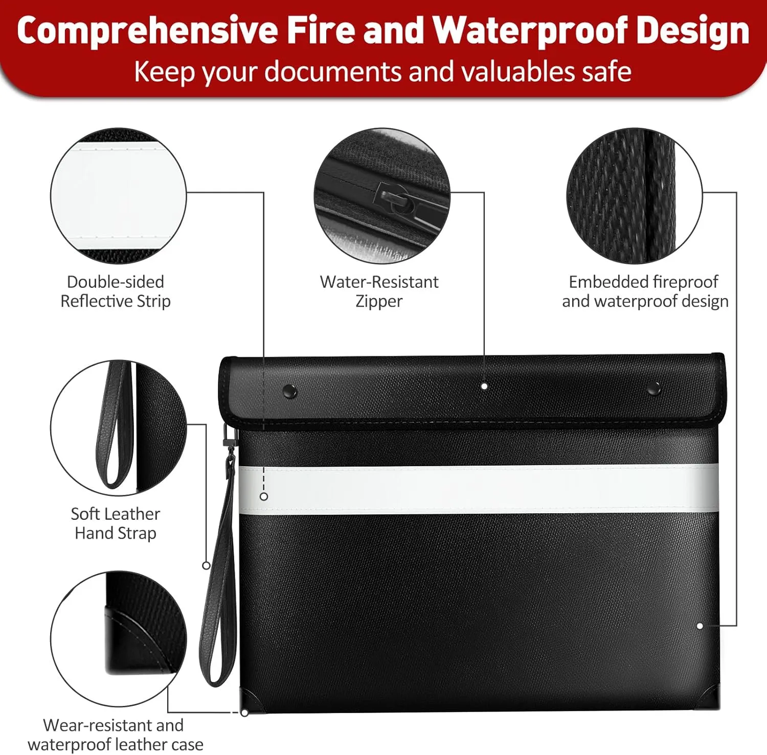 Fireproof Document Bag with Waterproof Zipper,5200°F Insulated Fire Water Proof Money Pouch,Fireproof Envelopes for Cash,Fire Proof Bag for Important Documents, Valuables(13.9"x10.6",Black)