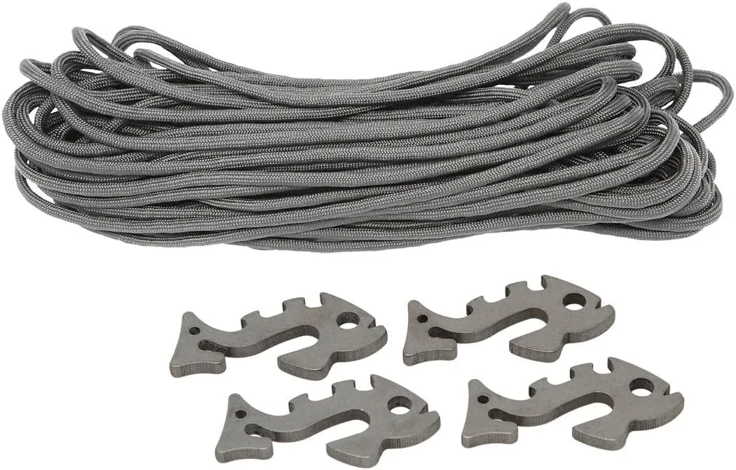 Fish Bone Piranha Stainless Steel Knotless Rope and Gear Ties – Lightweight Backpacking or Camping Parachute Cord Tiedown & Bottle Opener – Stainless Steel and Titanium Options