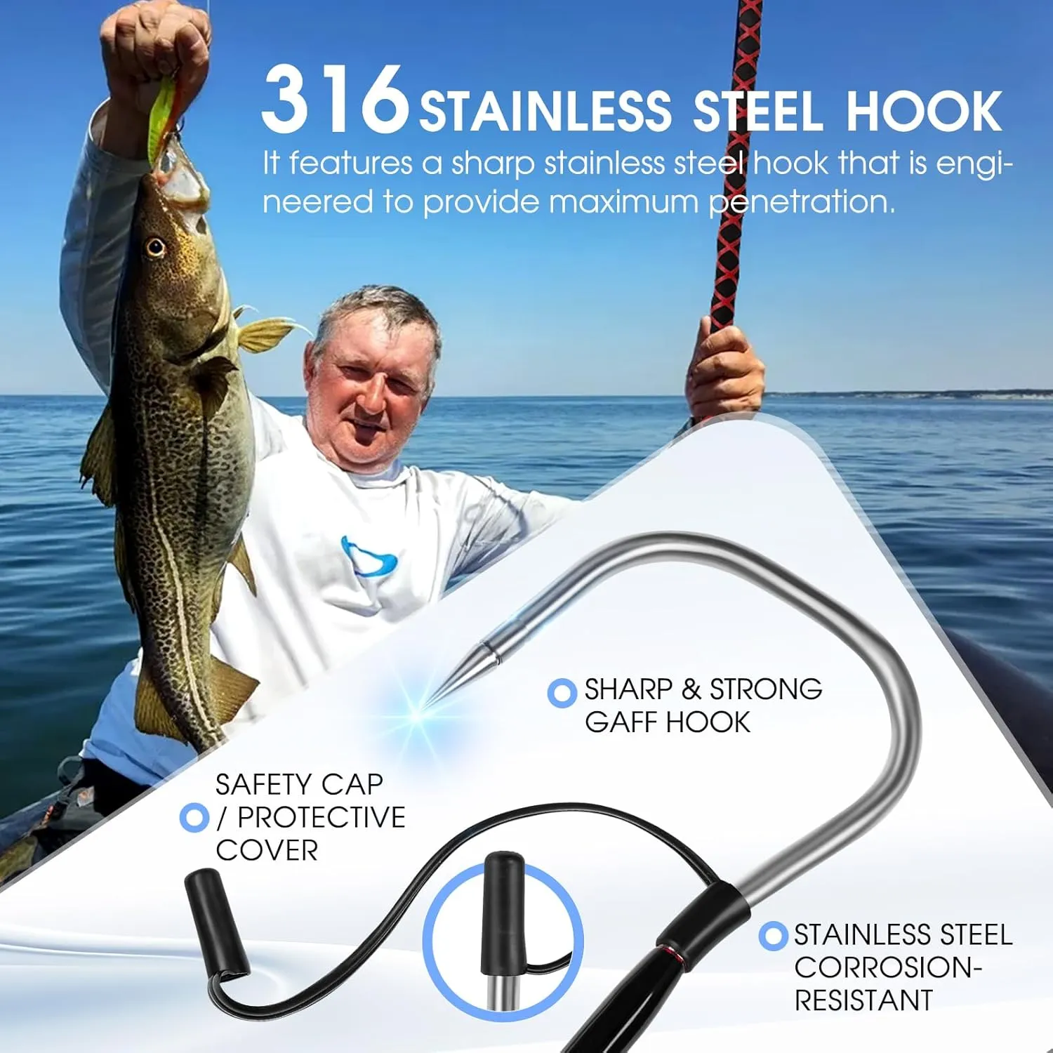 Fishing Gaff Saltwater Fish Gaff with S316 Stainless Steel Fishing Hook Carbon Fiber Fishing Gaff