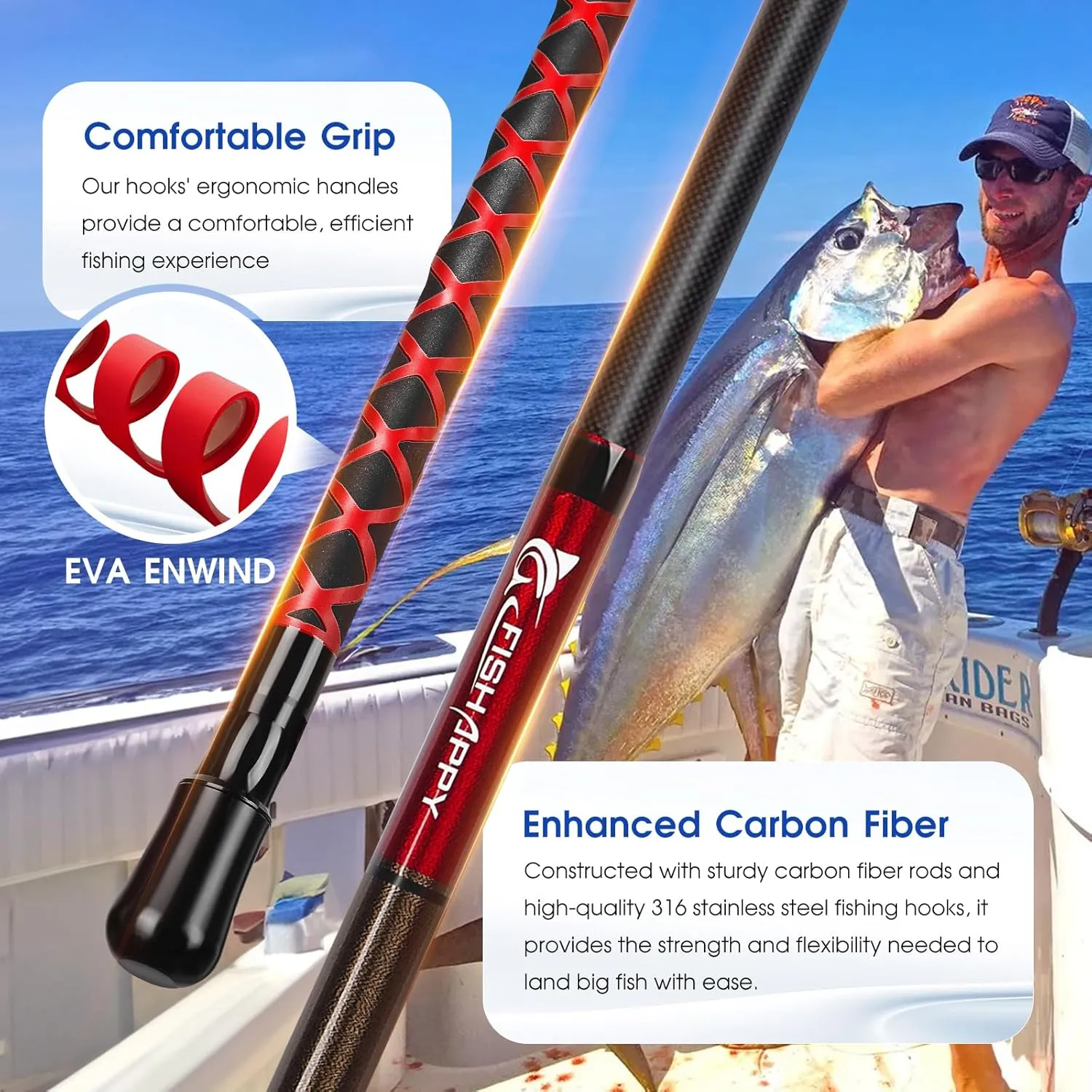 Fishing Gaff Saltwater Fish Gaff with S316 Stainless Steel Fishing Hook Carbon Fiber Fishing Gaff