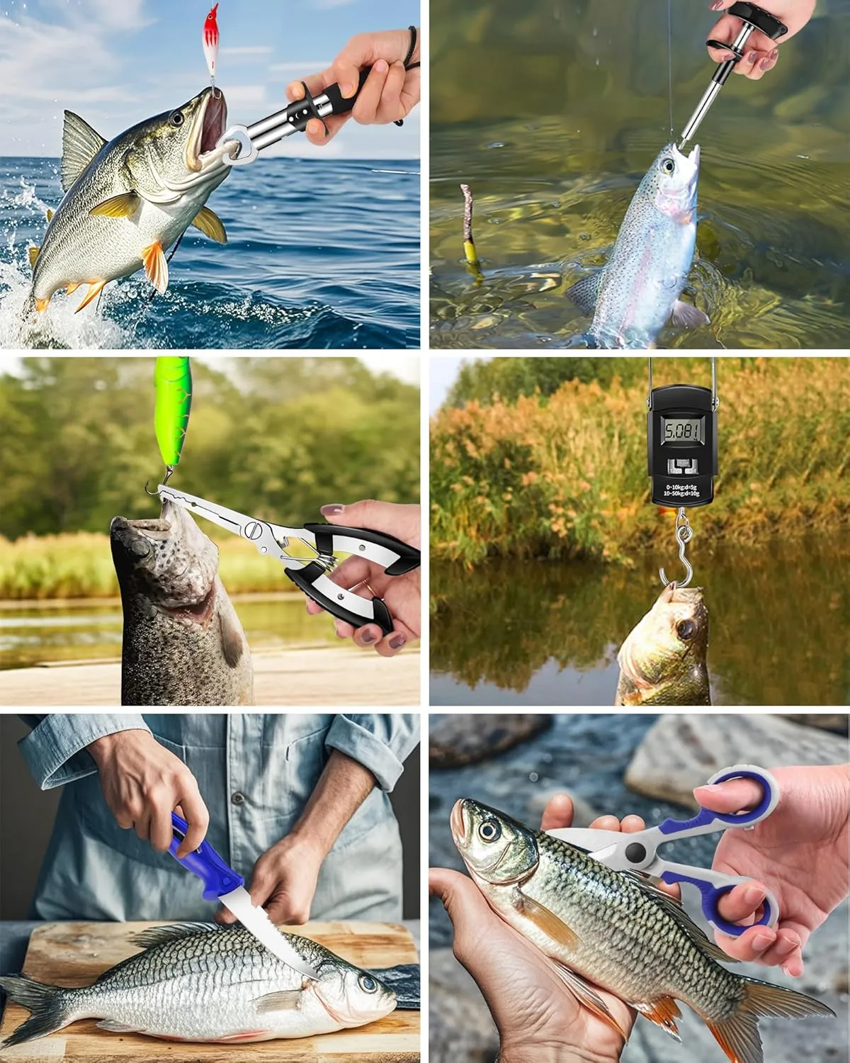 Fishing Tool Kit - Fishing Pliers, Hook Remover, Fish Gripper，Fish Scale, Fish Knife, Saltwater Fishing Gear with Sharpeners, Best Gifts for Men