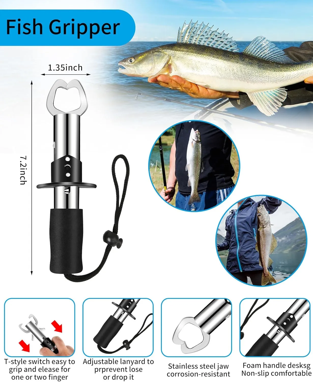 Fishing Tool Kit - Fishing Pliers, Hook Remover, Fish Gripper，Fish Scale, Fish Knife, Saltwater Fishing Gear with Sharpeners, Best Gifts for Men