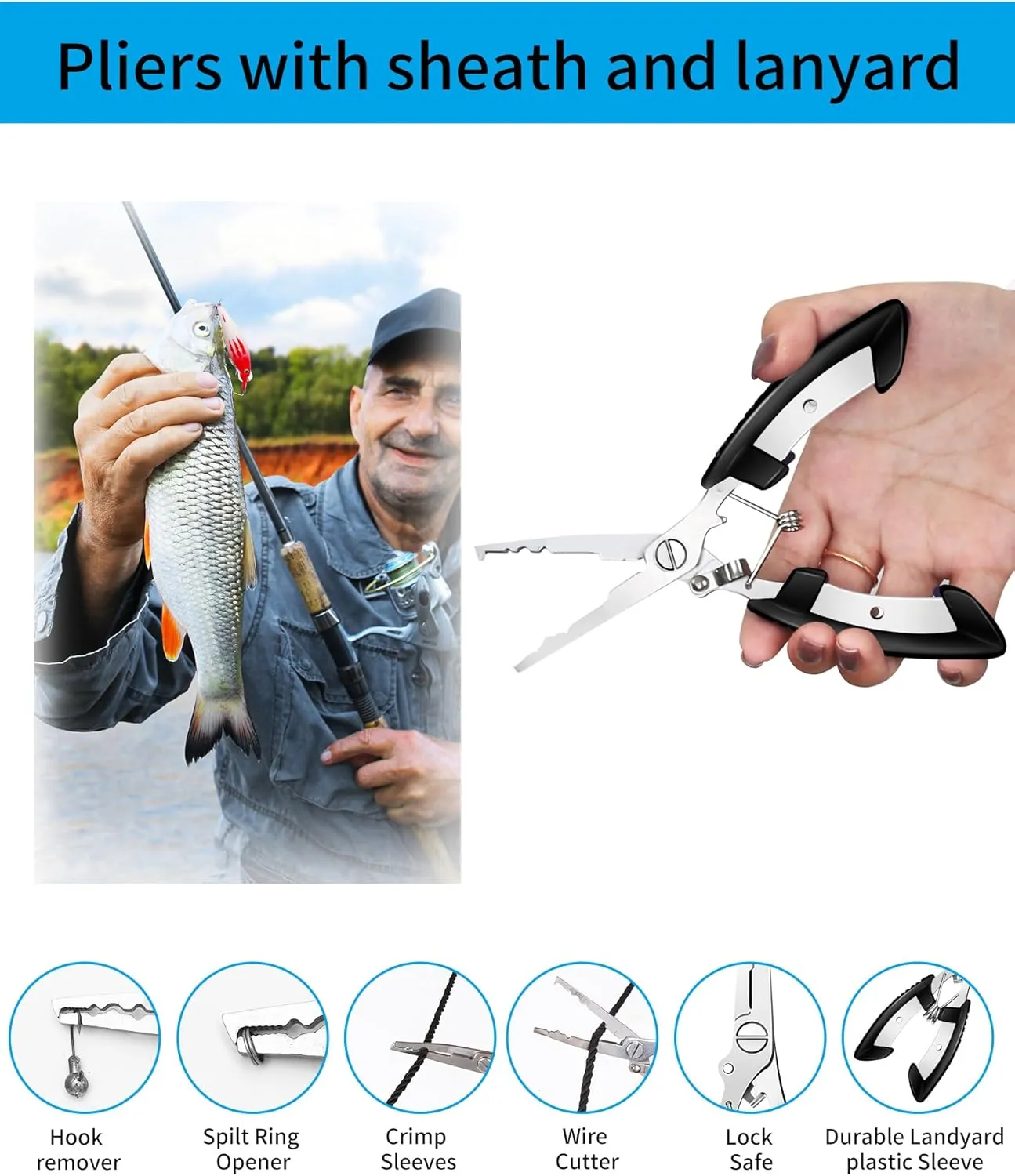 Fishing Tool Kit - Fishing Pliers, Hook Remover, Fish Gripper，Fish Scale, Fish Knife, Saltwater Fishing Gear with Sharpeners, Best Gifts for Men