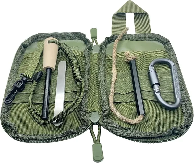 Flint and Steel Fire Starter Kit, OTXEER Ferro Rods Magnesium Fire Starter Survival Tool Camping Emergency Fire Lightning Striker, Tinder Wick Rope, Multifunctional Outdoor Bag Hook