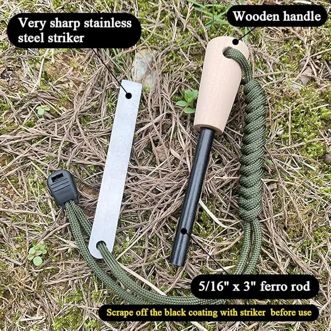 Flint and Steel Fire Starter Kit, OTXEER Ferro Rods Magnesium Fire Starter Survival Tool Camping Emergency Fire Lightning Striker, Tinder Wick Rope, Multifunctional Outdoor Bag Hook