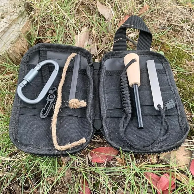 Flint and Steel Fire Starter Kit, OTXEER Ferro Rods Magnesium Fire Starter Survival Tool Camping Emergency Fire Lightning Striker, Tinder Wick Rope, Multifunctional Outdoor Bag Hook