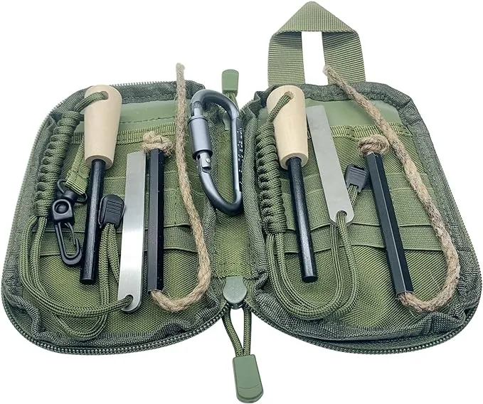Flint and Steel Fire Starter Kit, OTXEER Ferro Rods Magnesium Fire Starter Survival Tool Camping Emergency Fire Lightning Striker, Tinder Wick Rope, Multifunctional Outdoor Bag Hook