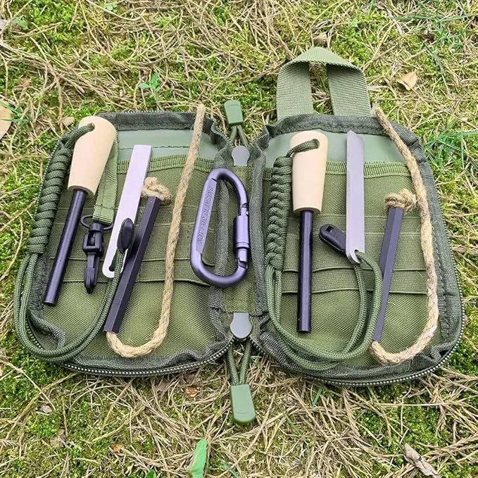 Flint and Steel Fire Starter Kit, OTXEER Ferro Rods Magnesium Fire Starter Survival Tool Camping Emergency Fire Lightning Striker, Tinder Wick Rope, Multifunctional Outdoor Bag Hook