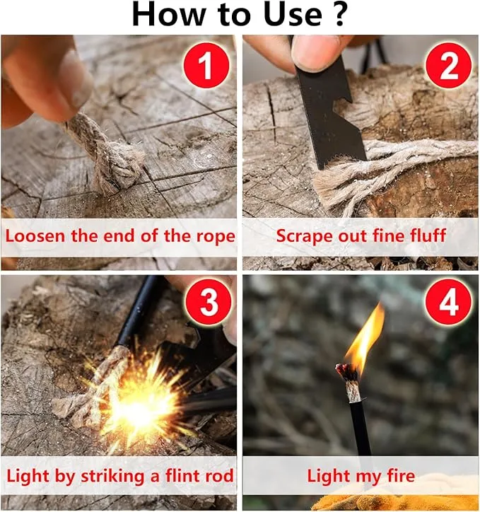 Flint and Steel Fire Starter Kit - Premium Ferro Rod and Magnesium Stick with Tinder Hemp Rope - Portable Fire Starter Survival Tool for Campfires/Camping/Bushcraft/Hiking and Emergency Rescue.
