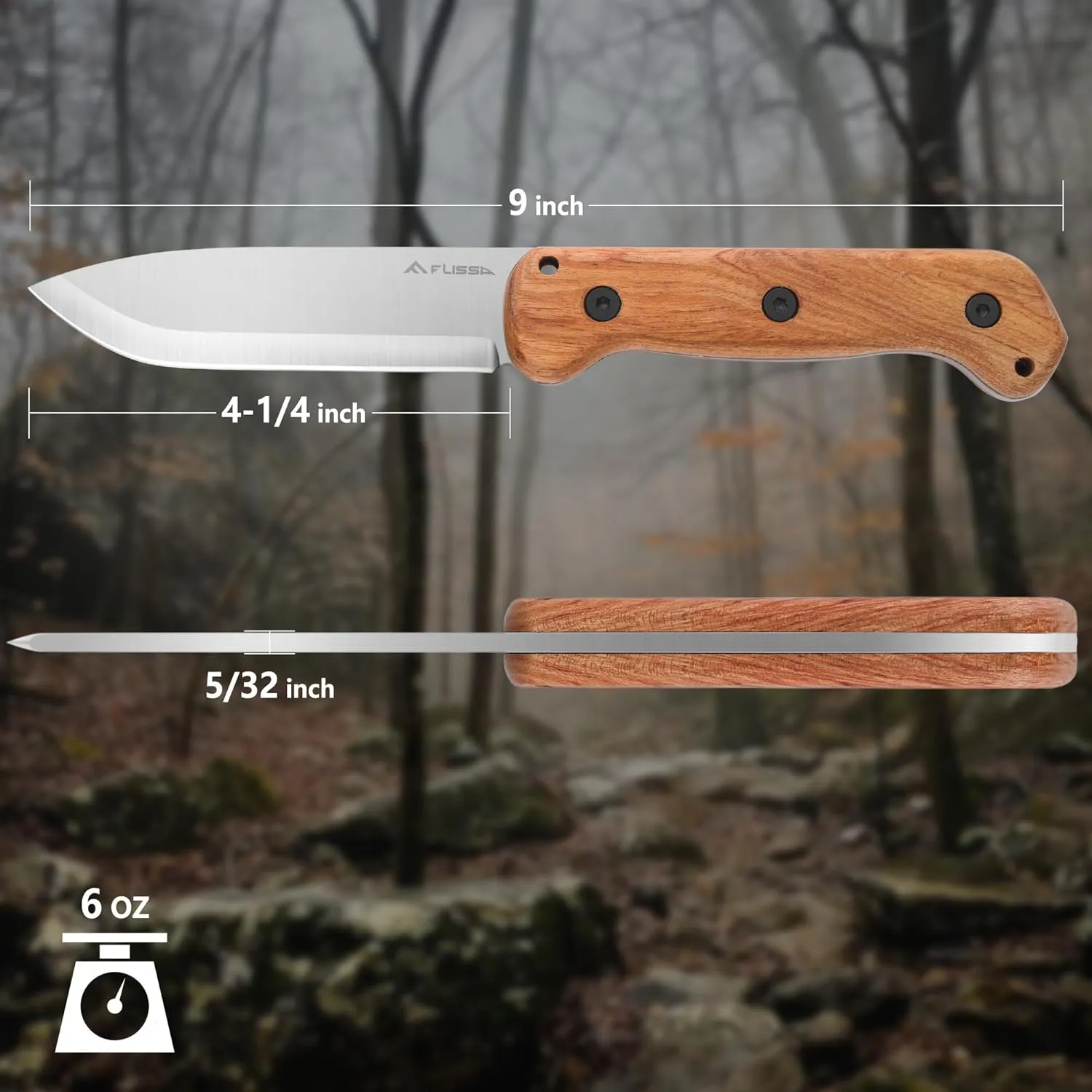 FLISSA 9" Fixed Blade Knife, D2 Steel Hunting Knife for Camping, Outdoor, Bushcraft and Survival, Wood Handle, Leather Sheath Included, Christmas Gifts for Husband, Father, Friend