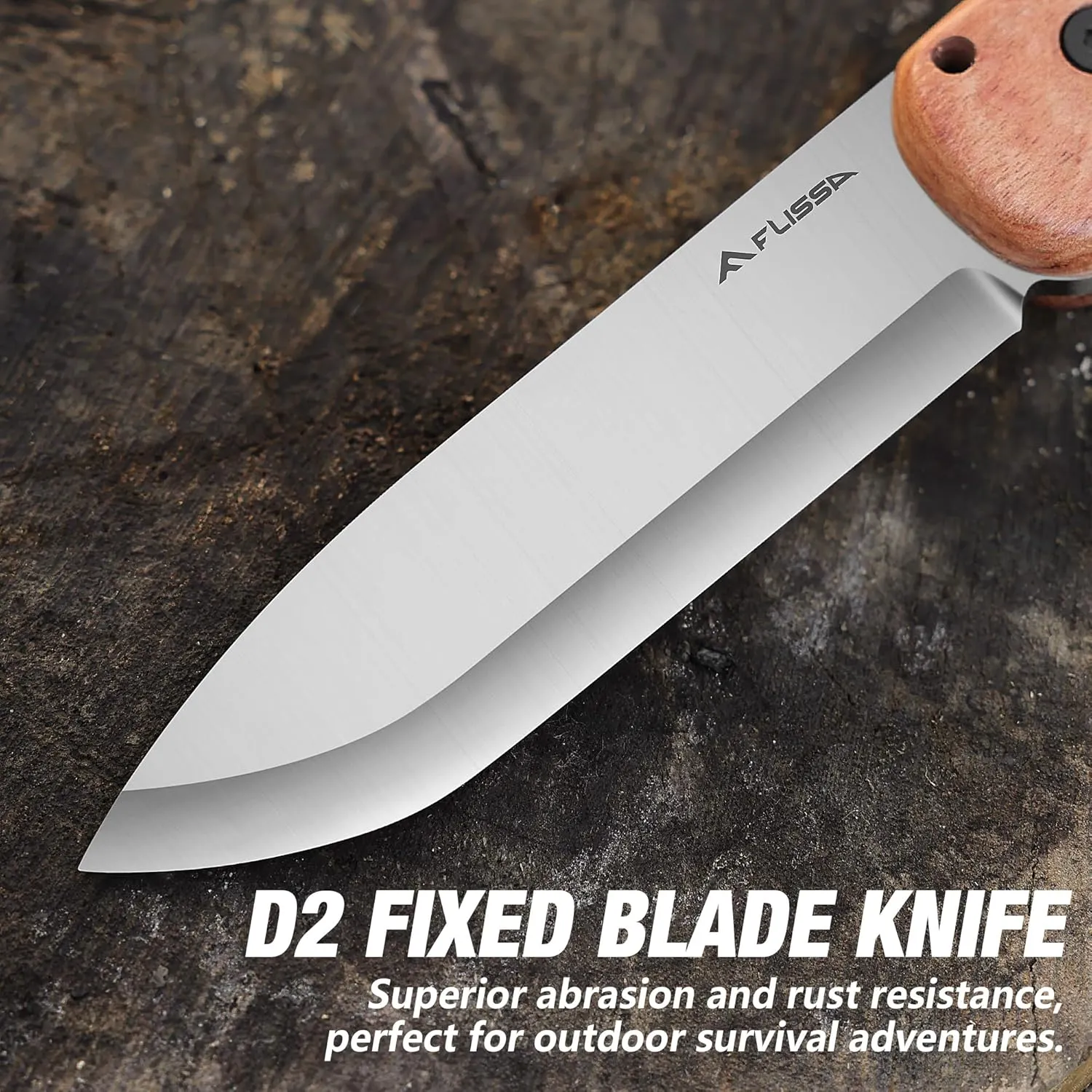 FLISSA 9" Fixed Blade Knife, D2 Steel Hunting Knife for Camping, Outdoor, Bushcraft and Survival, Wood Handle, Leather Sheath Included, Christmas Gifts for Husband, Father, Friend
