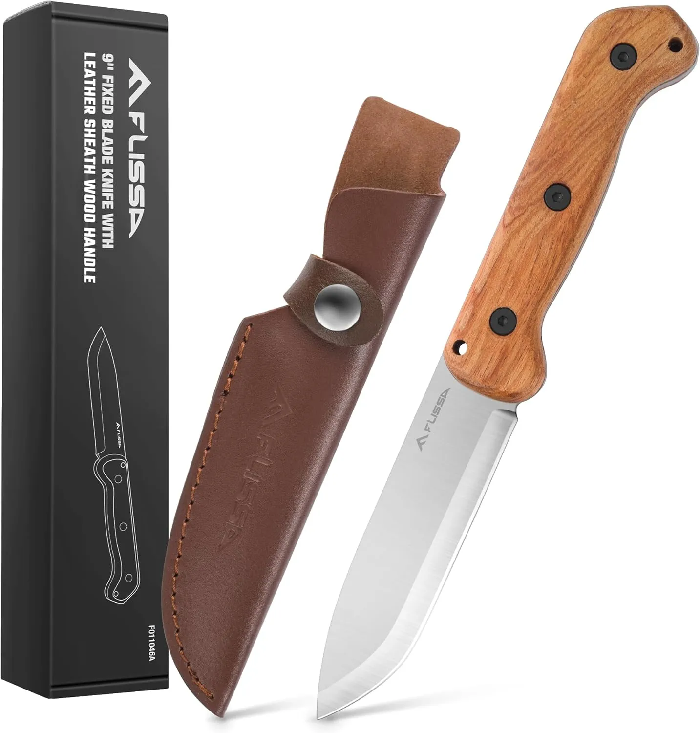 FLISSA 9" Fixed Blade Knife, D2 Steel Hunting Knife for Camping, Outdoor, Bushcraft and Survival, Wood Handle, Leather Sheath Included, Christmas Gifts for Husband, Father, Friend