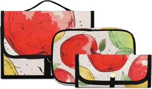 Foldable Hanging Travel Toiletry Organizer Set 3-Piece with Cosmetic Bag & Brush Holder - Watercolor Apple (7)