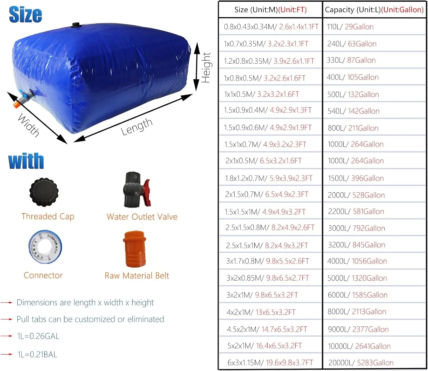 Foldable Portable Soft Water Bag Heavy Duty Water Bladder for Hiking Backpack, Camping/Domestic Water/Truck Bed, Portable Storage Containers with Spout, 100L/ 200L/ 300L/ 500L Plastic Water Bag(6x3x1.