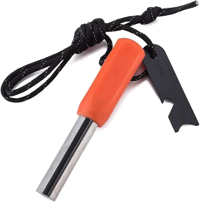 Fostar Outdoors Emergency Fire Starter，Magnesium Mg Rod Integrate with Ferro Rod, Paracord and Multi –Function Scraper Striker, Great for Bushcraft, Camping, Hiking, Hunting