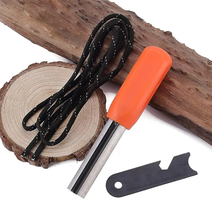 Fostar Outdoors Emergency Fire Starter，Magnesium Mg Rod Integrate with Ferro Rod, Paracord and Multi –Function Scraper Striker, Great for Bushcraft, Camping, Hiking, Hunting