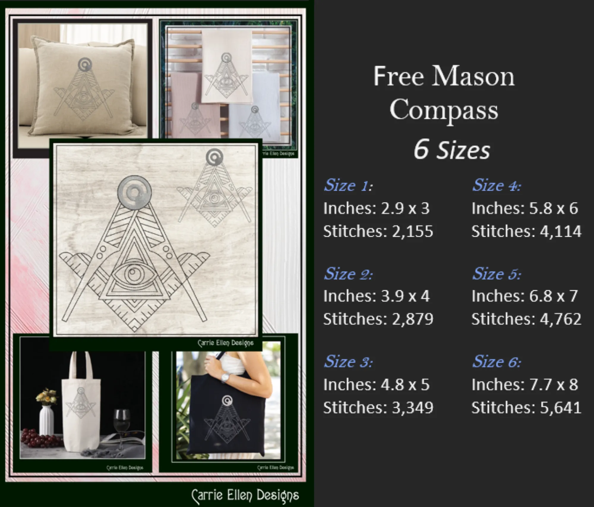 Free Mason Compass Machine Embroidery Design, Decorative Masonic Symbol, Sacred Geometry, God's Eye, 6 Sizes (3023)