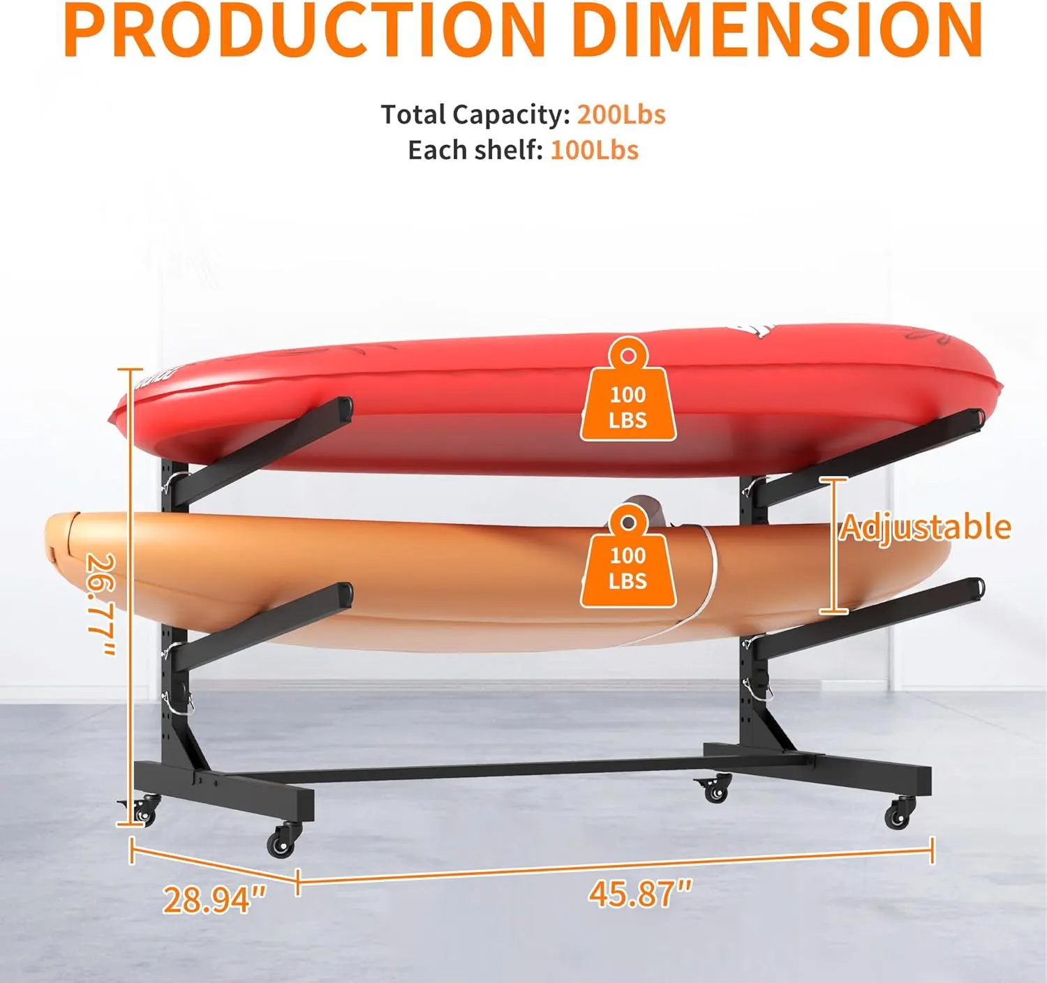 Freestanding Kayak Storage Rack, Heavy-Duty Adjustable Stand with Lockable Wheels for Kayak, Canoe, SUP & Surfboard