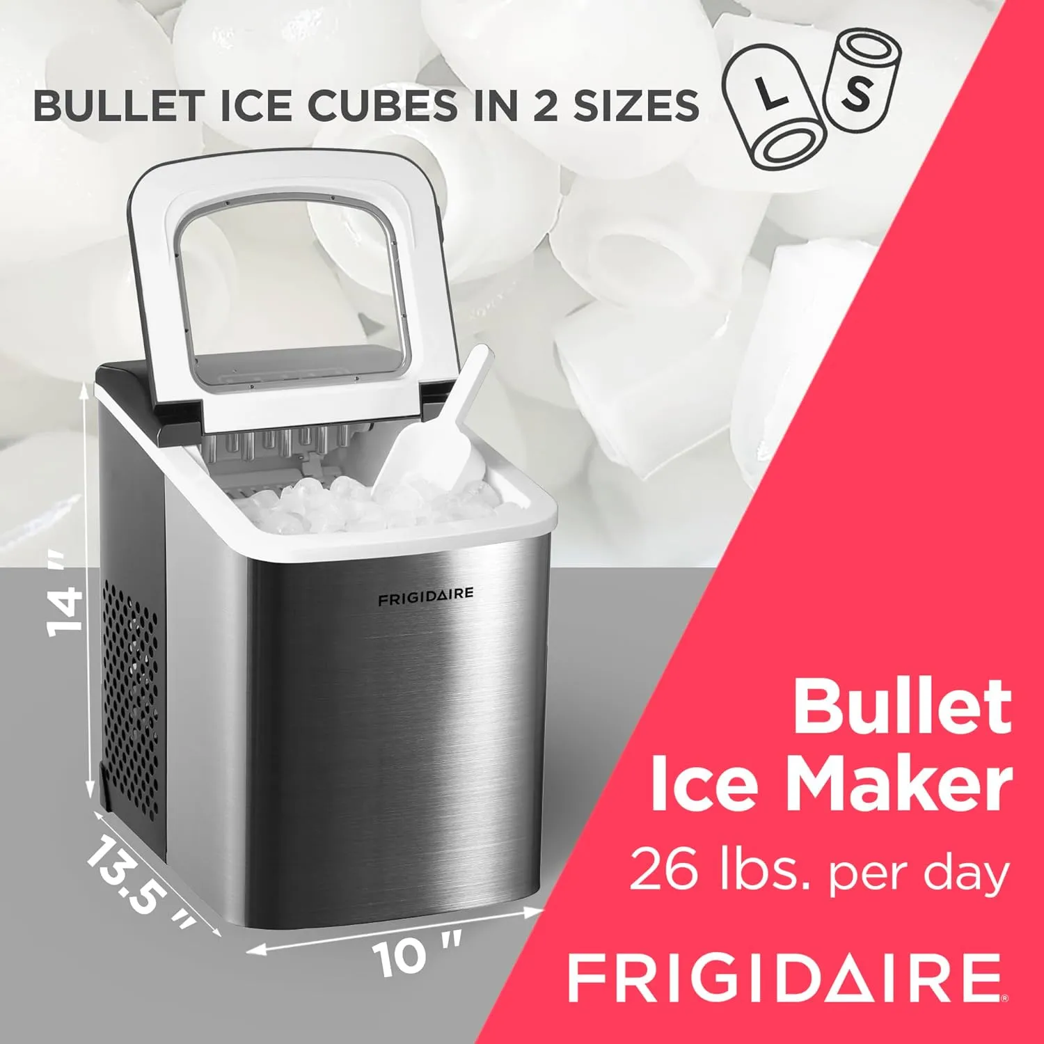 Frigidaire Compact Countertop Ice Maker, Makes 26 Lbs. of Bullet Shaped Ice Cubes Per Day, Silver Stainless