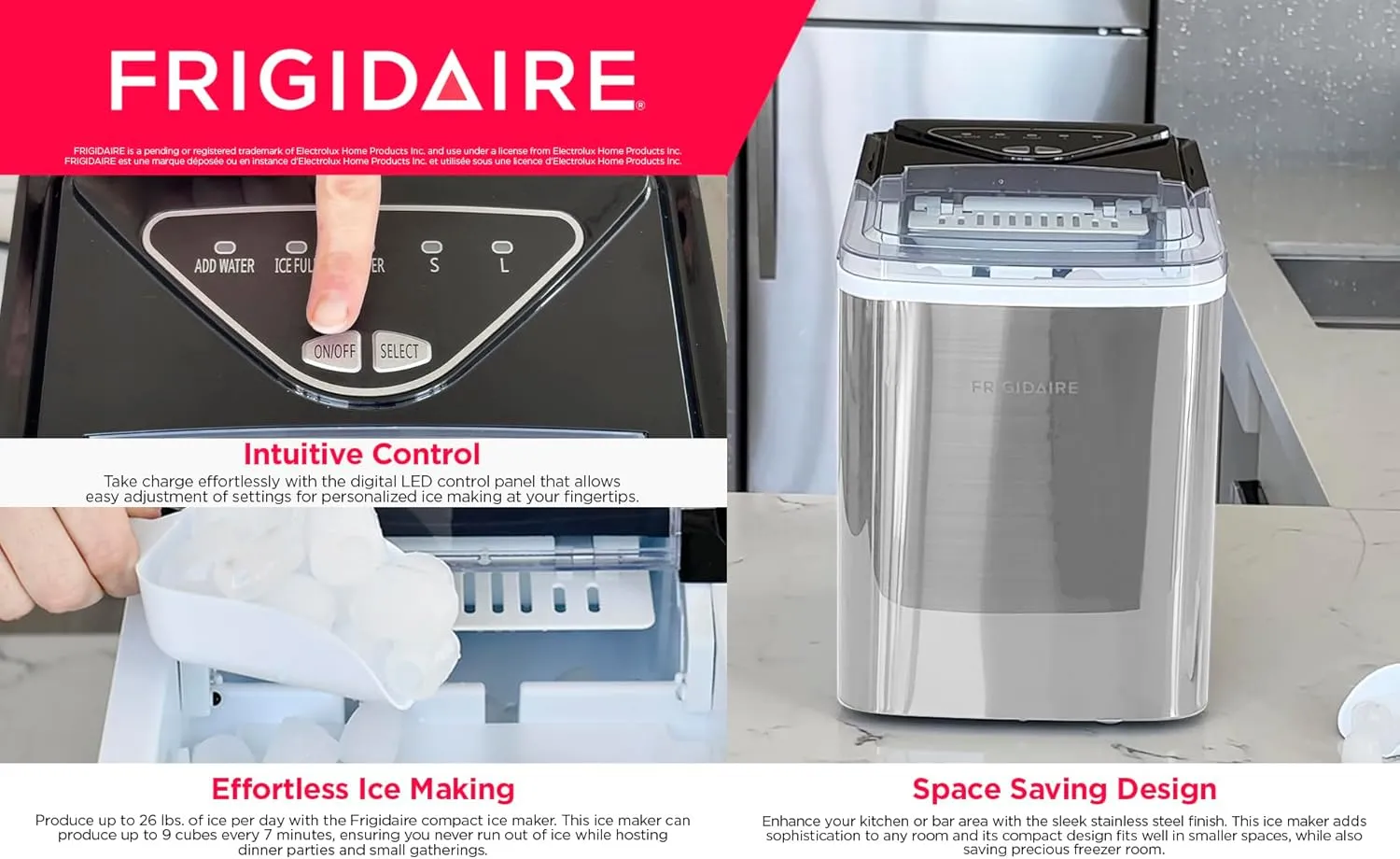 Frigidaire EFIC123-SS Counter Top Maker, Produces 26 pounds Ice per Day, Stainless Steel