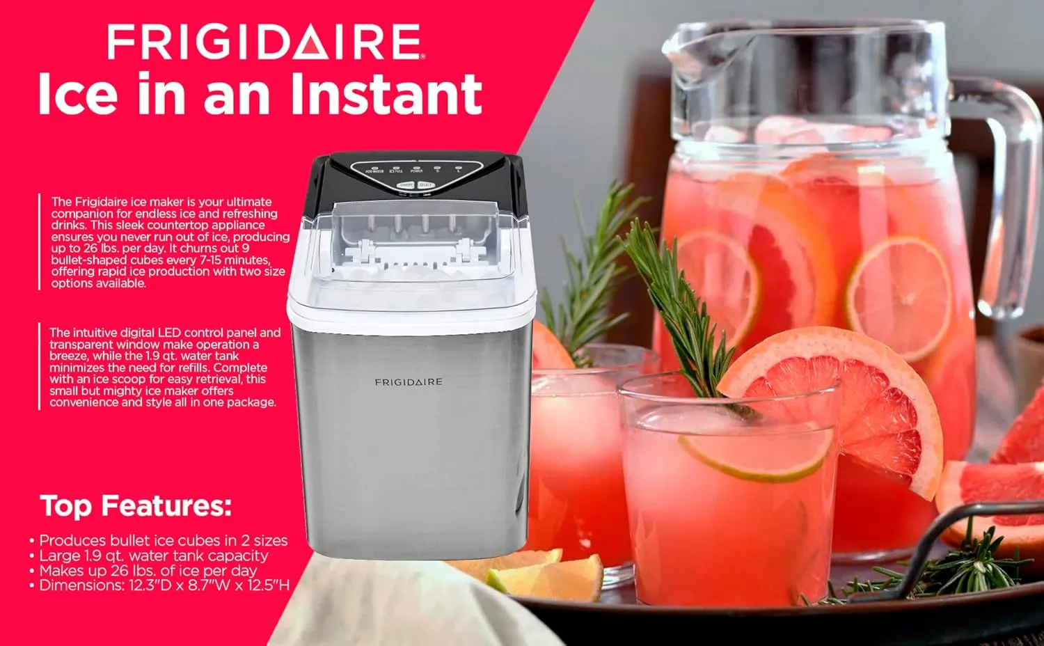 Frigidaire EFIC123-SS Counter Top Maker, Produces 26 pounds Ice per Day, Stainless Steel