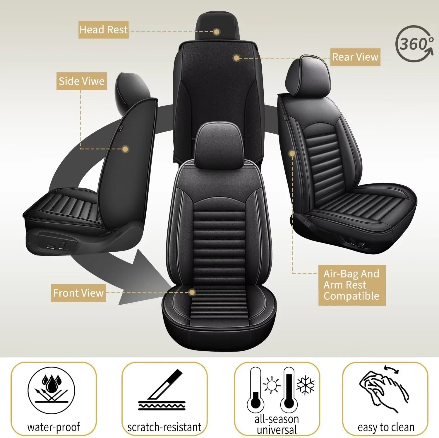 Full Set Car Seat Covers Fit for Volkswagen Taos 2022-2025 Faux Leather Seat Cover Airbag Compatible Waterproof Seat Cushion (Black)